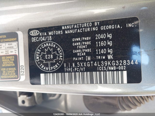 Продаж на аукціоні авто 2019 Kia Optima Lx/s, vin: 5XXGT4L39KG328344, номер лоту: 12428355