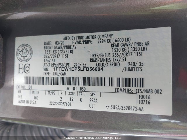 Ford 2.7l-4v 2020 1FTEW1EP5LFB56004 Image 9