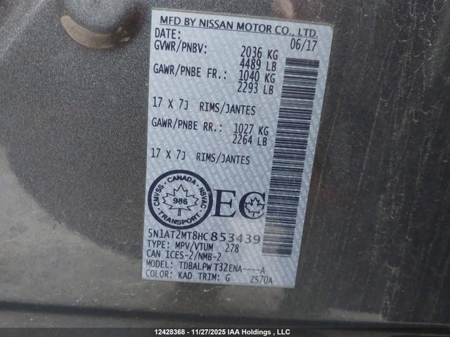 5N1AT2MT8HC853439 Nissan Rogue S/sl