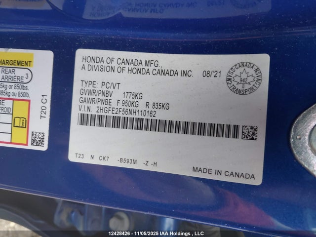 2HGFE2F56NH110162 Honda Civic Sport