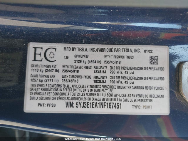 Tesla MODEL 3 2022 5YJ3E1EA1NF167451 Image 18