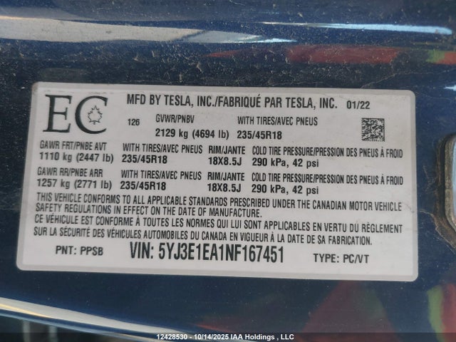 Tesla MODEL 3 2022 5YJ3E1EA1NF167451 Image 9