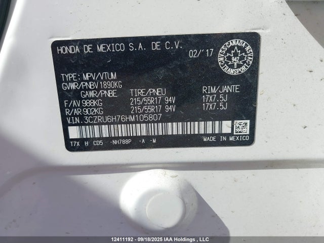 3CZRU6H76HM105807 Honda r18z9