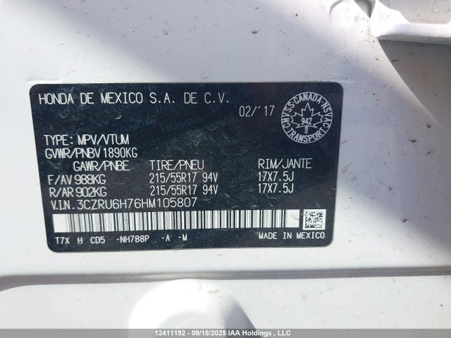 3CZRU6H76HM105807 Honda r18z9