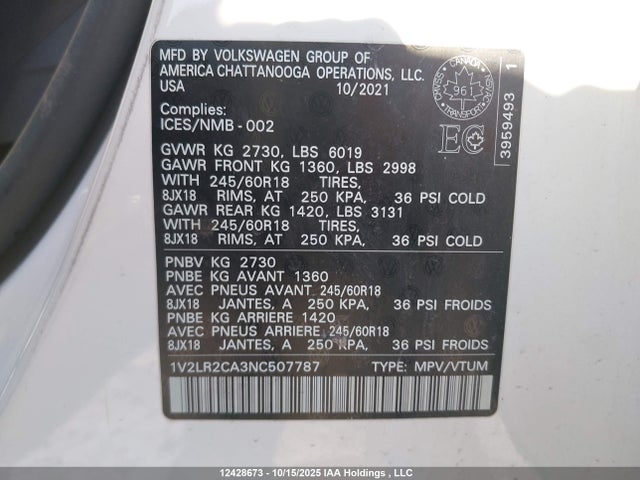 1V2LR2CA3NC507787 Volkswagen Atlas 3.6 Fsi Comfortline
