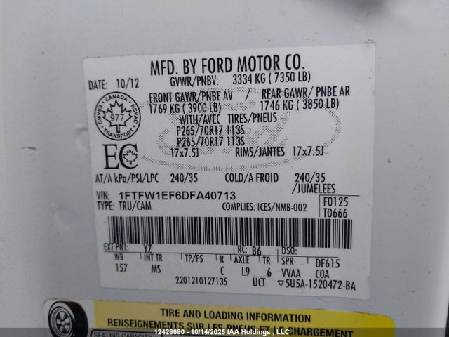 2013 Ford F-150 Xlt მანქანა იყიდება აუქციონზე, vin: 1FTFW1EF6DFA40713, აუქციონის ნომერი: 12428680