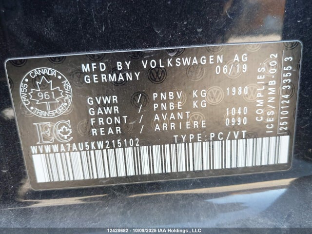 WVWWA7AU5KW215102 Volkswagen Golf R