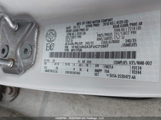 12428764 :رقم المزاد ، 1FMCU0GX3FUC71507 vin ، 2015 Ford Escape Se مزاد بيع
