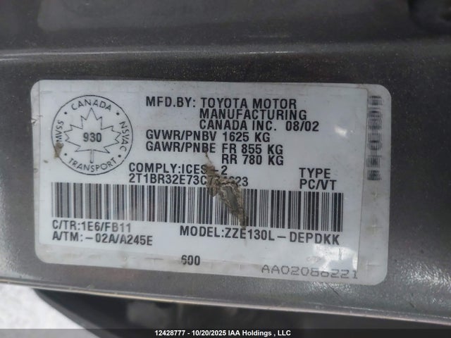 Aukcja sprzedaży 2003 Toyota Corolla, vin: 2T1BR32E73C734623, numer aukcji: 12428777