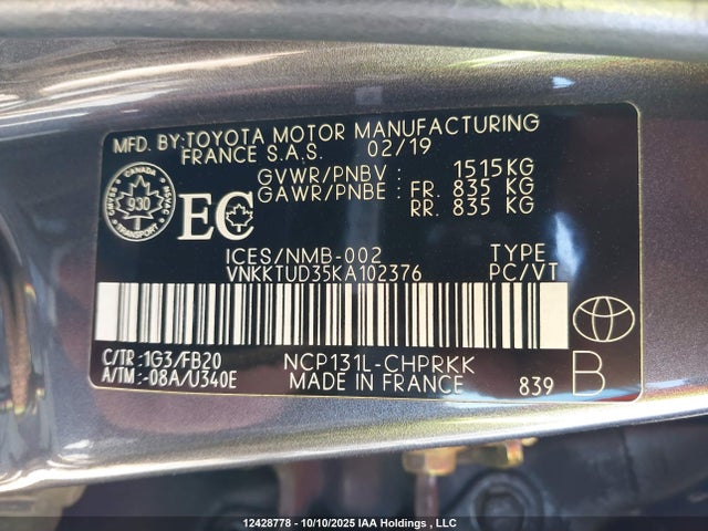 VNKKTUD35KA102376 Toyota Yaris