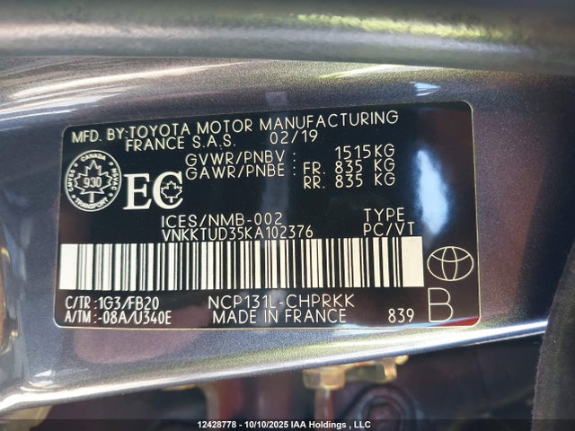 VNKKTUD35KA102376 Toyota Yaris