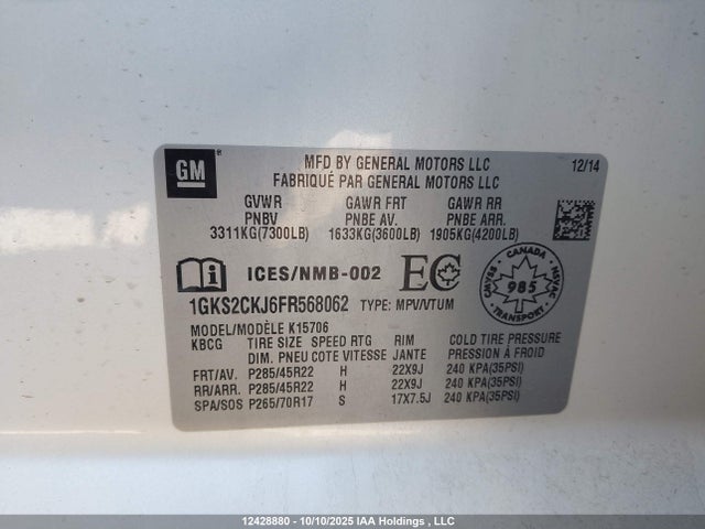 GMC l86 - vvt, afm, e85 max, aluminum 2015 1GKS2CKJ6FR568062 Image 9