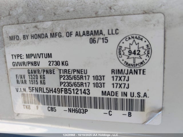 Honda j35z8 2015 5FNRL5H49FB512143 Image 9