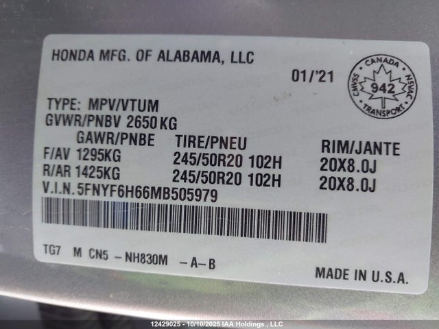 5FNYF6H66MB505979 Honda j35y6