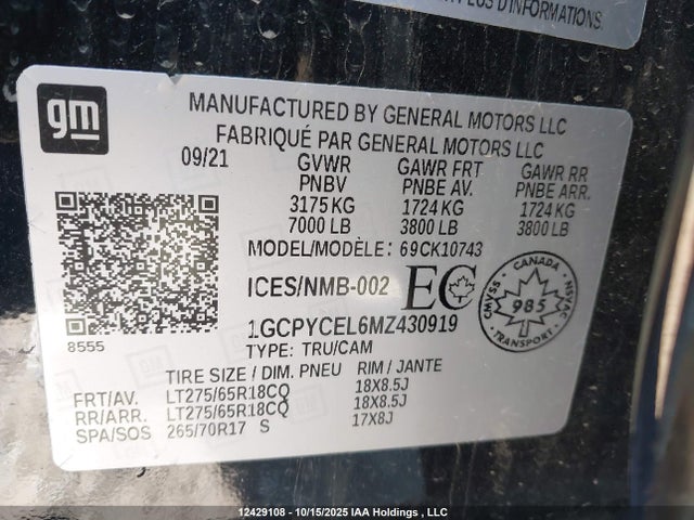 Aukcja sprzedaży 2021 Chevrolet Silverado K1500 Trail Boss Custom, vin: 1GCPYCEL6MZ430919, numer aukcji: 12429108
