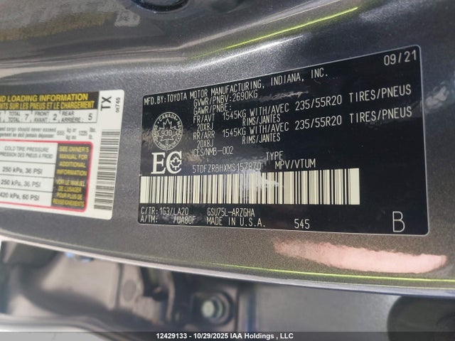5TDFZRBHXMS157870 Toyota Highlander Limited
