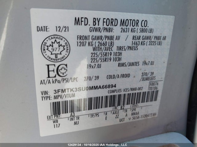 Продаж на аукціоні авто 2021 Ford Mustang Mach-e, vin: 3FMTK3SU0MMA66894, номер лоту: 12429134