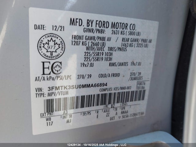 Продаж на аукціоні авто 2021 Ford Mustang Mach-e, vin: 3FMTK3SU0MMA66894, номер лоту: 12429134