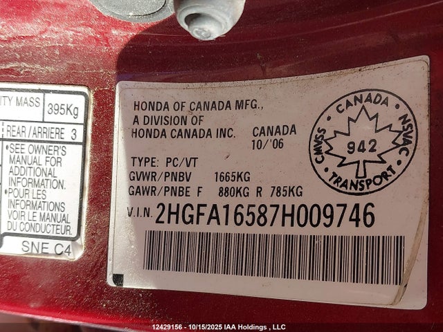 Продаж на аукціоні авто 2007 Honda Civic Lx, vin: 2HGFA16587H009746, номер лоту: 12429156