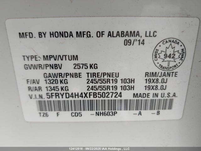Acura j35y5 2015 5FRYD4H4XFB502724 Image 9