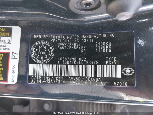 Toyota 2ar-fxe+2jm 2014 4T1BD1FK3EU123475 Image 9