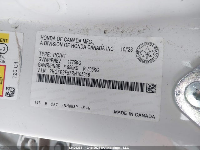 Aukcja sprzedaży 2024 Honda Civic Sport, vin: 2HGFE2F57RH105316, numer aukcji: 12429261