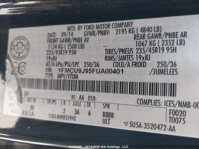 1FMCU9J95FUA00401 Ford Escape Titanium