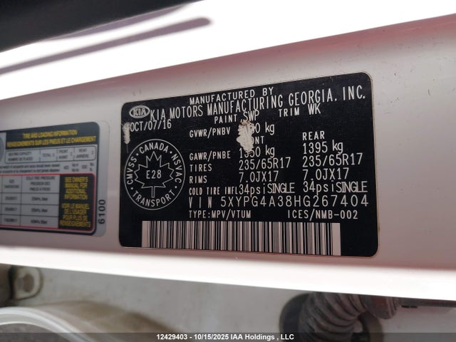 5XYPG4A38HG267404 KIA Sorento Lx/l