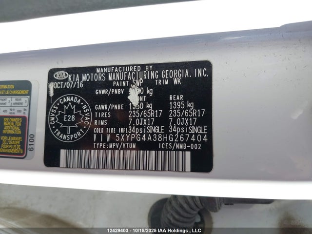 5XYPG4A38HG267404 KIA Sorento Lx/l