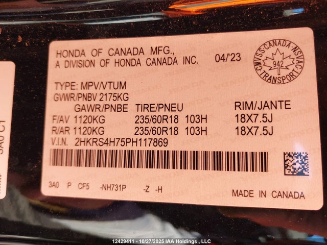 2HKRS4H75PH117869 Honda CR-V