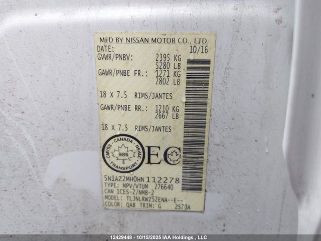 5N1AZ2MH0HN112278 Nissan Murano S/sl/sv/platinum