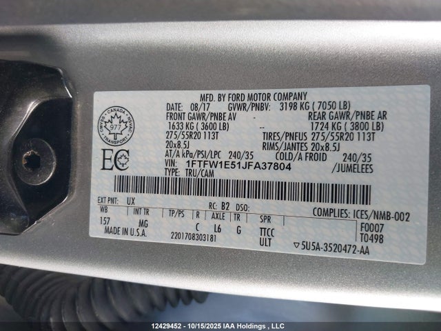 Ford 5.0l 4v 2018 1FTFW1E51JFA37804 Image 9