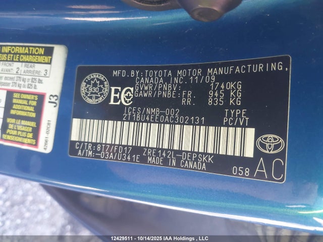 2010 Toyota Corolla S მანქანა იყიდება აუქციონზე, vin: 2T1BU4EE0AC302131, აუქციონის ნომერი: 12429511