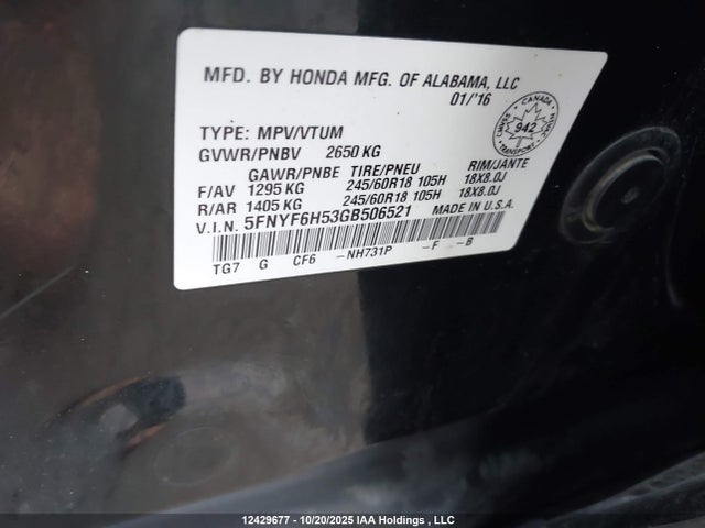 Honda j35y6 2016 5FNYF6H53GB506521 Image 9