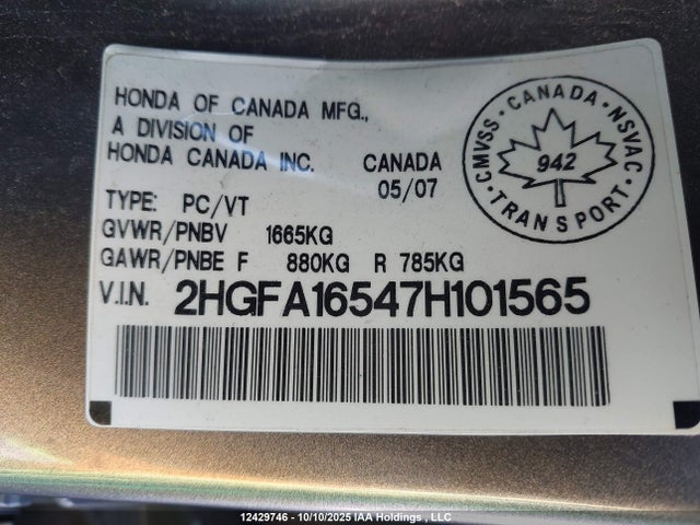 2007 Honda Civic Lx მანქანა იყიდება აუქციონზე, vin: 2HGFA16547H101565, აუქციონის ნომერი: 12429746