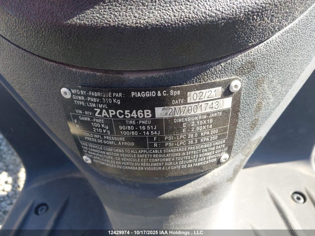 Продажа на аукционе авто 2021 Piaggio Liberty 50/50 S, vin: ZAPC546B2M7001743, номер лота: 12429974