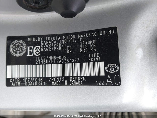 2010 Toyota Corolla Le მანქანა იყიდება აუქციონზე, vin: 2T1BU4EE2AC351377, აუქციონის ნომერი: 12430005