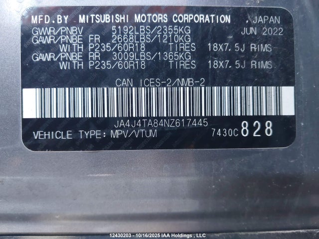 Mitsubishi Outlander 2022 JA4J4TA84NZ617445 Image 9