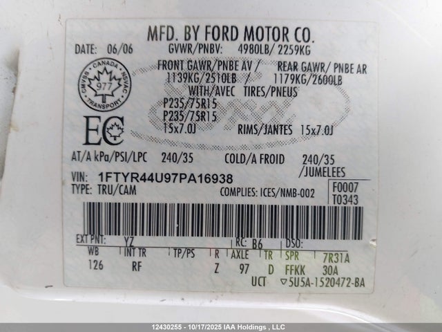 12430255 :رقم المزاد ، 1FTYR44U97PA16938 vin ، 2007 Ford Ranger Super Cab مزاد بيع