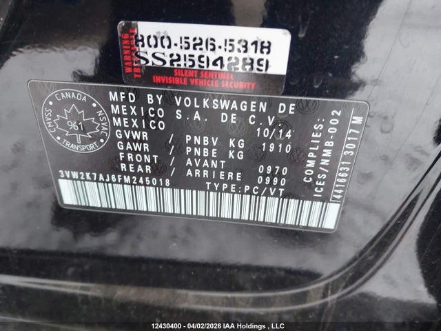 Продажа на аукционе авто 2015 Volkswagen Jetta 2.0l Trendline/2.0l Trendline+, vin: 3VW2K7AJ6FM245018, номер лота: 12430400