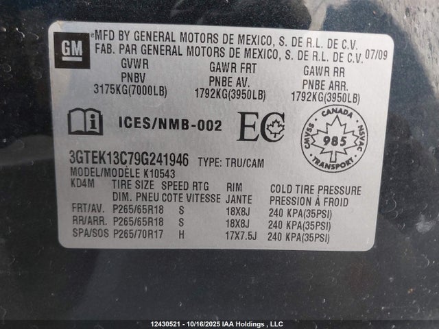 Aukcja sprzedaży 2009 Gmc Sierra K1500/k1500 Sl, vin: 3GTEK13C79G241946, numer aukcji: 12430521