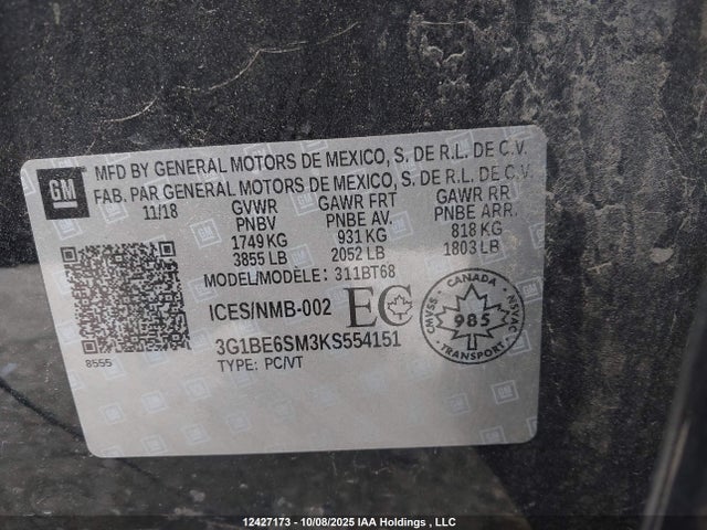 3G1BE6SM3KS554151 Chevrolet le2 -di: direct injection, vvt: variable valve timing, gen, alum