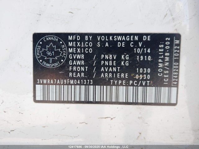Volkswagen Tdi 2015 3VWRA7AU9FM041373 Image 9