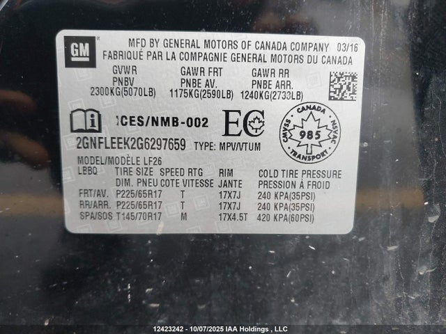 Chevrolet lea - e85 max, aluminum 2016 2GNFLEEK2G6297659 Image 9