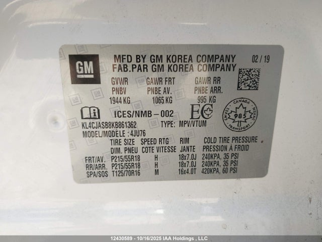 Aukcja sprzedaży 2019 Buick Encore Preferred, vin: KL4CJASB8KB861362, numer aukcji: 12430589
