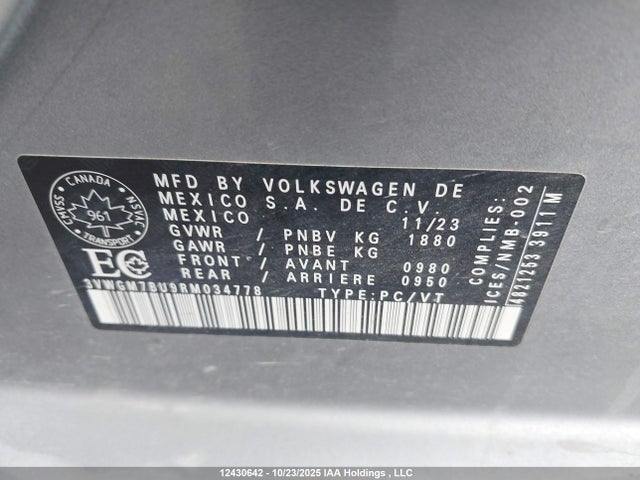 12430642 :رقم المزاد ، 3VWGM7BU9RM034778 vin ، 2024 Volkswagen Jetta Highline مزاد بيع