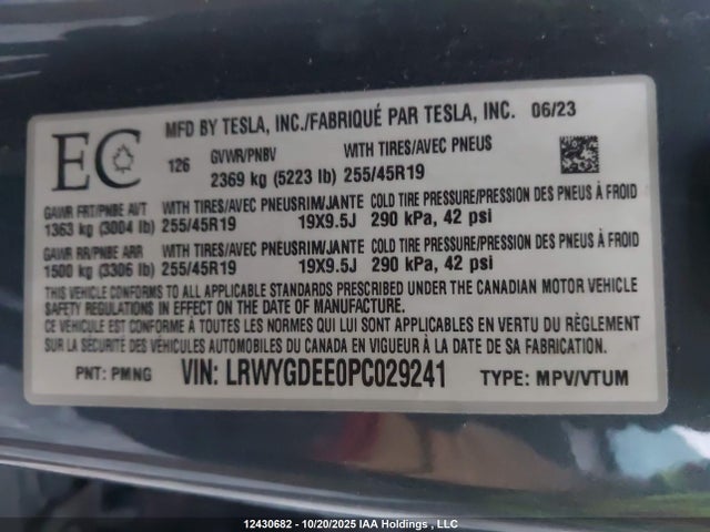2023 Tesla Model Y მანქანა იყიდება აუქციონზე, vin: LRWYGDLE0PC029241, აუქციონის ნომერი: 12430682