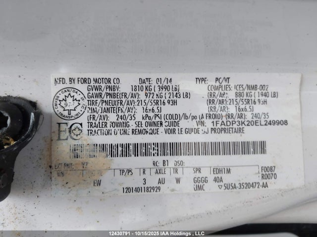 2014 Ford Focus მანქანა იყიდება აუქციონზე, vin: 1FADP3K20EL249908, აუქციონის ნომერი: 12430791