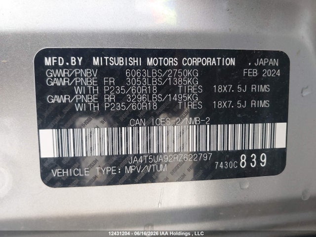 Продаж на аукціоні авто 2024 Mitsubishi Outlander Es, vin: JA4T5UA92RZ622797, номер лоту: 12431204