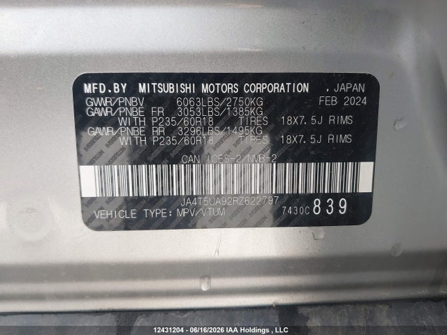 Продаж на аукціоні авто 2024 Mitsubishi Outlander Es, vin: JA4T5UA92RZ622797, номер лоту: 12431204